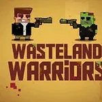Kaksi pikselityylistä hahmoa aseineen keltaisella taustalla, alla teksti Wasteland Warriors