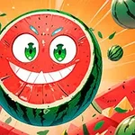 Kuvassa on iloinen, pyöreä vesimeloni, jolla on piirroshahmolle tyypillinen iso hymy ja kirkkaat silmät, sekä ympärillä leijuvia vesimeloninpalasia oranssia taustaa vasten