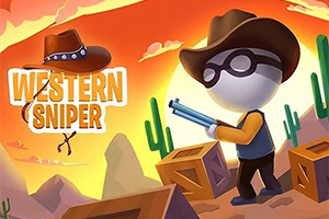 Sarjakuvatyylinen hahmo cowboy-hatussa ja aurinkolaseissa seisoo aavikolla aseen kanssa auringonlaskussa