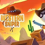 Sarjakuvatyylinen hahmo cowboy-hatussa ja aurinkolaseissa seisoo aavikolla aseen kanssa auringonlaskussa