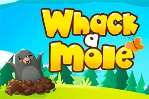 Kirjaimet Whack a Mole värikkäällä taustalla, etualalla hymyilevä maamyyrä multakasan vieressä ja perhonen kirjainten reunassa