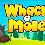 Kirjaimet Whack a Mole värikkäällä taustalla, etualalla hymyilevä maamyyrä multakasan vieressä ja perhonen kirjainten reunassa