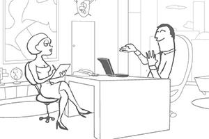 Whack Your PC Toimistokohtaus, jossa nainen ja mies keskustelevat pöydÀn ÀÀressÀ, molemmilla on ilmeikkÀÀt eleet