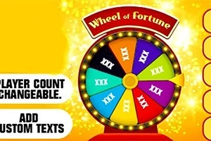 Onnenpyörä, jossa eri väreillä merkityt sektorit ja teksti Wheel of Fortune yläosassa, ympäröivänä keltaisia tähtiä