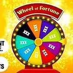 Onnenpyörä, jossa eri väreillä merkityt sektorit ja teksti Wheel of Fortune yläosassa, ympäröivänä keltaisia tähtiä