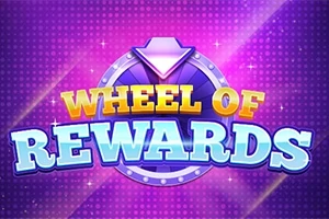 Violetti tausta, jossa lukee keltaisilla ja sinisillä kirjaimilla ”Wheel of Rewards” ja taustalla on pyörä