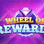 Violetti tausta, jossa lukee keltaisilla ja sinisillä kirjaimilla ”Wheel of Rewards” ja taustalla on pyörä