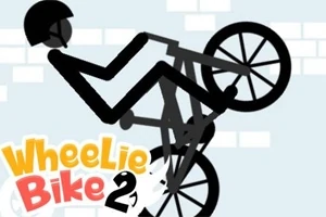 Tikkumainen hahmo ajaa pyörällä etupyörä ilmassa vaalean taustan edessä, taustalla on valkoisia tiiliseiniä ja kuvassa näkyy teksti Wheelie Bike 2