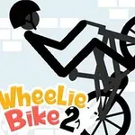 Tikkumainen hahmo ajaa pyörällä etupyörä ilmassa vaalean taustan edessä, taustalla on valkoisia tiiliseiniä ja kuvassa näkyy teksti Wheelie Bike 2