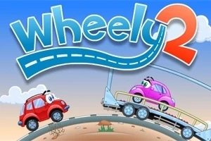 Punainen ja pinkki auto aavikkomaisemassa tekstin Wheely 2 alla