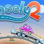 Punainen ja pinkki auto aavikkomaisemassa tekstin Wheely 2 alla