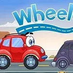 Punainen auto ja violetti auto silmillä ja ilmeillä ajavat tiellä