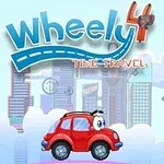 Punainen auto, jossa on hymyilevät kasvot, ajamassa pilvien päällä taustalla kaupunkinäkymä ja teksti Wheely 4 Time Travel