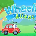 Punainen auto ja vihreä avaruusolentoauto kohtaavat metsän edustalla, taustalla näkyy sininen taivas