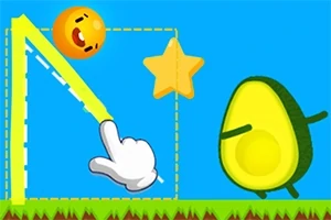 Hauska emoji-hahmo, tähti ja avokado värikkäällä taustalla, jossa on viittaava käsi