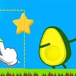 Hauska emoji-hahmo, tähti ja avokado värikkäällä taustalla, jossa on viittaava käsi