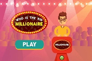 Piirroskuva nuoresta pojasta seisomassa pelin ohjauspaneelin takana värikkäässä valaistuksessa, jossa on teksti Who is the Kid Millionaire ja Play-painike