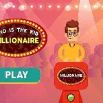 Piirroskuva nuoresta pojasta seisomassa pelin ohjauspaneelin takana värikkäässä valaistuksessa, jossa on teksti Who is the Kid Millionaire ja Play-painike