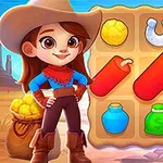 Piirroshahmo cowboy-asuissa seisoo värikkään peliruudukon vieressä, taustalla on aavikkoteema