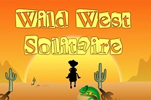 Auringonlaskuun ratsastava cowboy, kaktuksia, kilpikonna ja teksti Wild West Solitaire