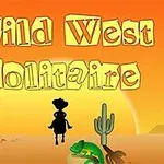 Auringonlaskuun ratsastava cowboy, kaktuksia, kilpikonna ja teksti Wild West Solitaire