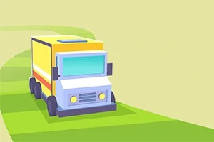 Animoitu keltainen kuorma-auto ajaa mutkaisella tiellä vihreällä nurmella