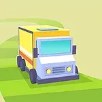 Animoitu keltainen kuorma-auto ajaa mutkaisella tiellä vihreällä nurmella