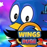 Sininen piirroshahmo suuret silmät, kultainen rengas ja teksti Wings Rush 2 värikkäällä taustalla