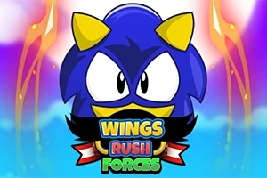 Sininen, piikikäs hahmo keltaisilla sarvilla ja isot mustat silmät Wings Rush Forces -tekstin yläpuolella värikkäällä taustalla