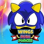 Sininen, piikikäs hahmo keltaisilla sarvilla ja isot mustat silmät Wings Rush Forces -tekstin yläpuolella värikkäällä taustalla