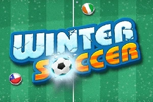 Vihreällä taustalla on iso teksti Winter Soccer, jossa sana S on jalkapallon edessä, ja sivuilla on kaksi maapallolippua