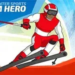 Punapukuinen hiihtäjä laskemassa alamäkeen slalom-tyylisesti