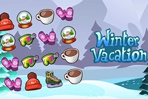 Talvinen vuoristomaisema, jossa on esineitä, kuten lumisadepalloja, kaakaomukeja, talvihanskoja, laskettelulaseja, luistimia ja pipoja, sekä teksti Winter Vacation