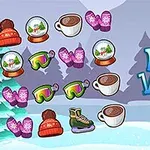 Talvinen vuoristomaisema, jossa on esineitä, kuten lumisadepalloja, kaakaomukeja, talvihanskoja, laskettelulaseja, luistimia ja pipoja, sekä teksti Winter Vacation