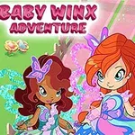 Kaksi värikkäästi pukeutunutta piirroshahmoa seisoo vierekkäin, pitäen käsissään pientä lammasta violetinvihreällä taustalla, jolla on teksti Baby Winx Adventure