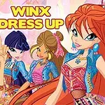 Neljä animoitua tyttöä värikkäissä vaatteissa ja asusteissa, joiden yläpuolella on teksti WINX DRESS UP