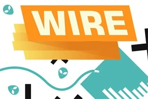 Oranssilla taustalla suuri valkoinen teksti WIRE ja ympärillä graafisia kuvioita eri väreissä