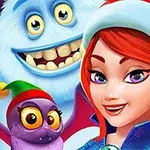 Punahiuksinen tonttuhattuinen nainen, valkoinen hymyilevä lumimies ja pieni lepakkomainen otus värikkäässä fantasiaympäristössä