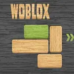 Tekstuurilla varustetulla tummalla taustalla puupaloista muodostuva asettelu ja ylareunassa sana WOBLOX