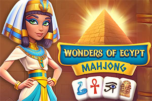 Piirroskuva naisesta egyptiläisessä asussa, taustalla pyramidi ja edessä mahjong-lappuja
