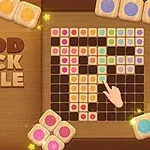 Puisia palikoita ja värikkäitä neliöitä sisältävä palapeli, jossa näkyy sormea osoittava elementti ja teksti Wood Block Puzzle 2