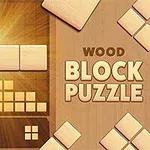 Puisia palikoita ja niiden varjot ruskealla taustalla, tekstillä Wood Block Puzzle