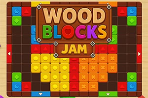 Värikäs puupalikoista koottu palapelinäkymä, jossa keskellä lukee WOOD BLOCKS JAM ja taustalla ruudukkoon aseteltuja erivärisiä palikoita