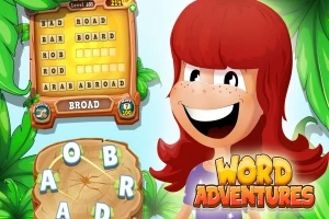 Piirroskuva punatukkaisesta hahmosta trooppisessa ympäristössä, jossa on sanapeli ja teksti Word Adventures