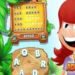 Piirroskuva punatukkaisesta hahmosta trooppisessa ympäristössä, jossa on sanapeli ja teksti Word Adventures