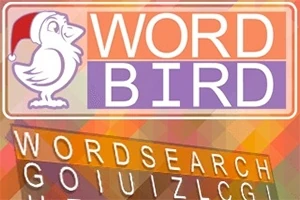 Lintu, jolla on joulupukin hattu, violetilla ja oranssilla taustalla yläosassa, ja sana WORDSEARCH isolla tekstillä värikkäällä taustalla alaosassa