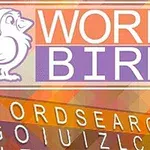 Lintu, jolla on joulupukin hattu, violetilla ja oranssilla taustalla yläosassa, ja sana WORDSEARCH isolla tekstillä värikkäällä taustalla alaosassa