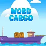 Sinisellä merellä purjehtiva violetti rahtilaiva, jonka kannella on kaksi puulaatikkoa ja taivaalla lukee Word Cargo