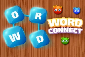 Sinisellä taustalla olevia kirjaimia O, R, W, D, ja kolme värikästä hahmoa puisella taustalla, sekä teksti WORD CONNECT