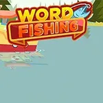 Vesistössä kelluu pieni vene, jossa on laiturin vieressä rakennus ja taustalla metsää, yläosassa teksti Word Fishing ja sininen kala